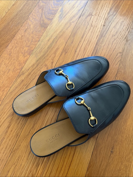 Gucci Shoes - Gucci Black Leather Horsebit Mules with Gold Hardware